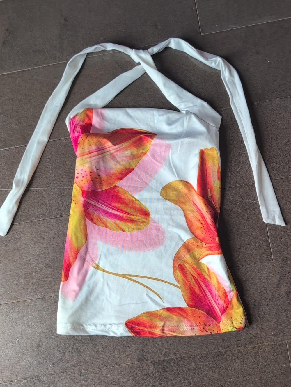Floral Halter Tank Top - White with Pink & Orange Floral